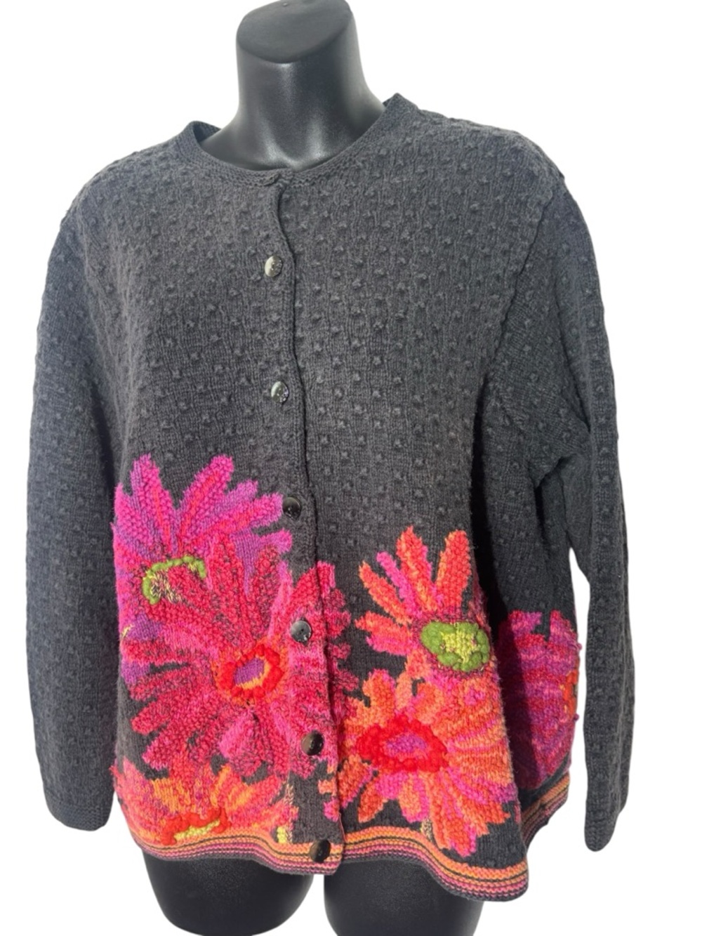 Susan Bristol 1W textured button front vibrant floral knit dopamine sweater